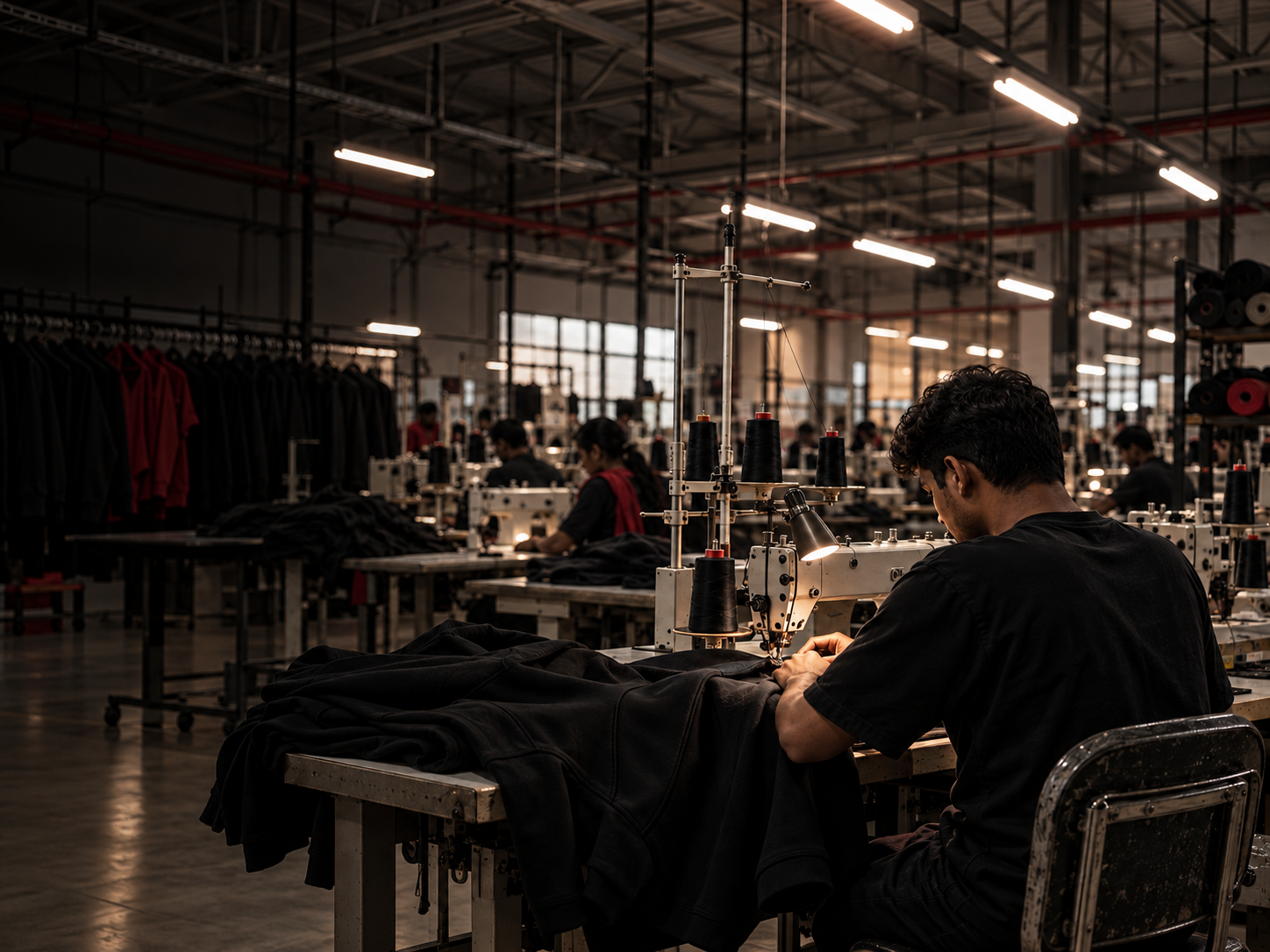 A garment maker working at an industrial sewing machine